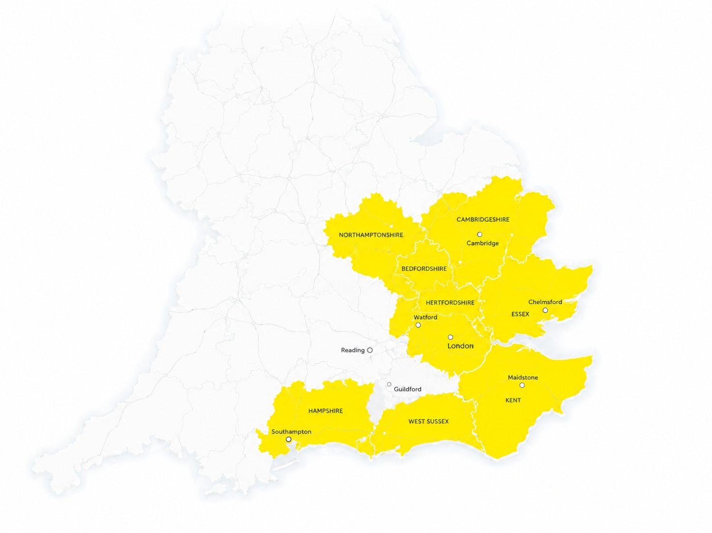 Map of England highlighting Oneplace2save core service areas