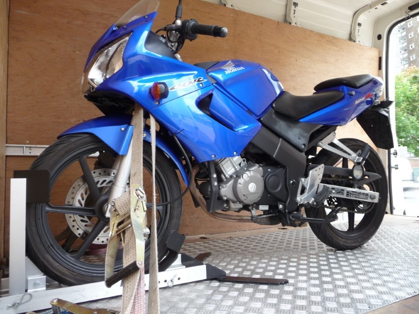 Motorcycle secured for transport